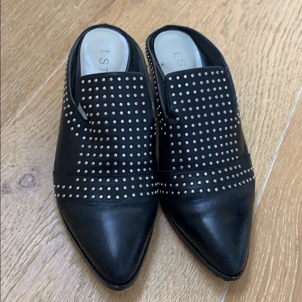 Black heeled mule with silver stud detail